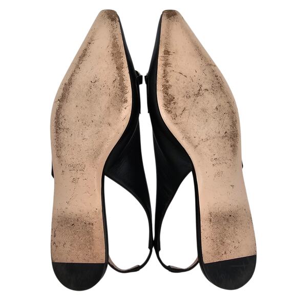 Gucci GG Horsebit Zumi Slingback Flat Black Leather Gold Silver Size 37 US 7 - Picture 9 of 12